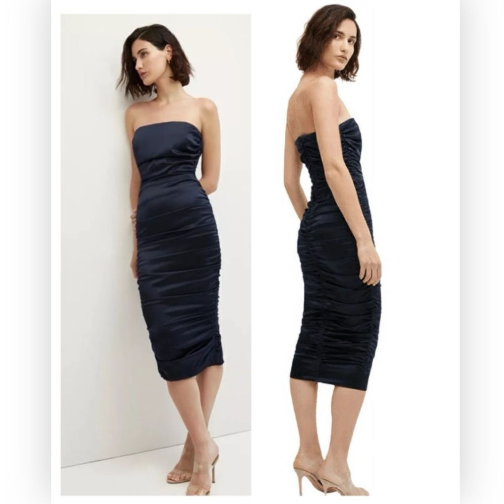 NWT Veronica Beard "Kupa" ruched strapless midi dress in luxe silk Navy NWT $648